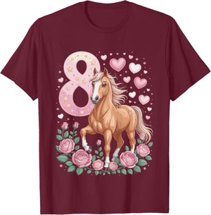 8th Birthday Horse Girl 8 Years Horse Decoration Riding Pony T-Shirt - T-Shirt | Maroon