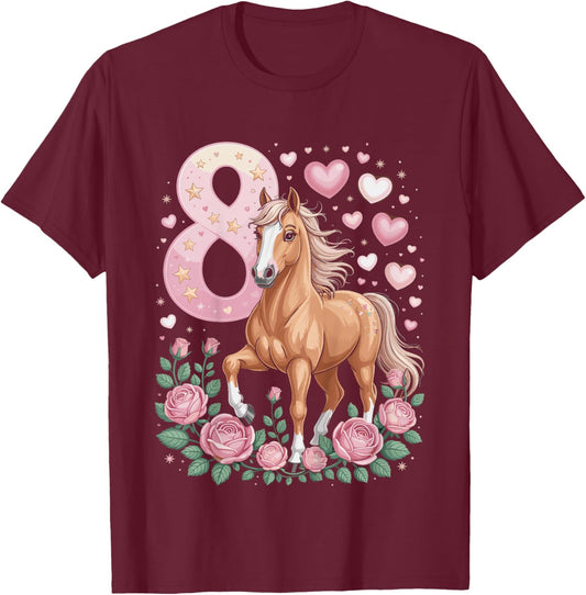 8th Birthday Horse Girl 8 Years Horse Decoration Riding Pony T-Shirt - T-Shirt | Maroon