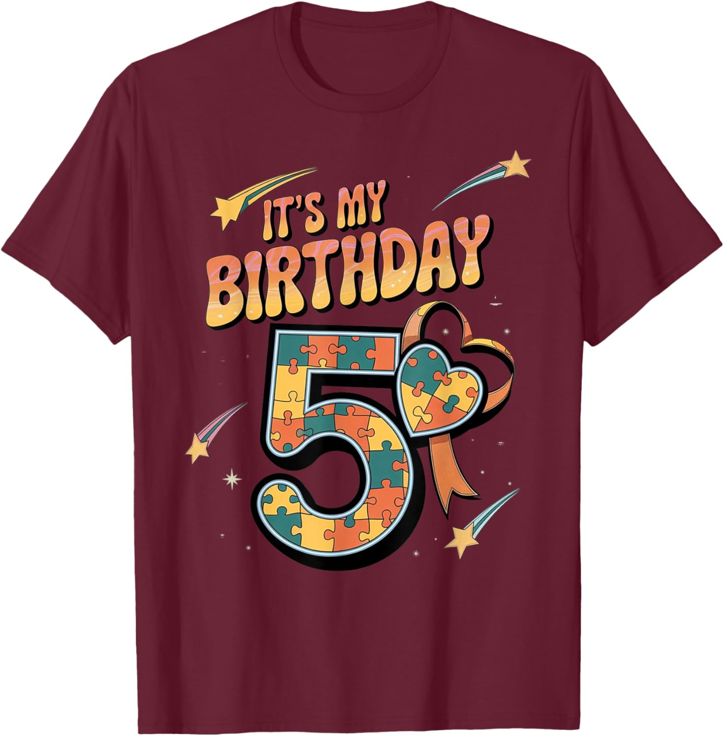 It's My 5th Birthday Kids Autism 5 Years Old Girls Boys T-Shirt - T-Shirt | Maroon