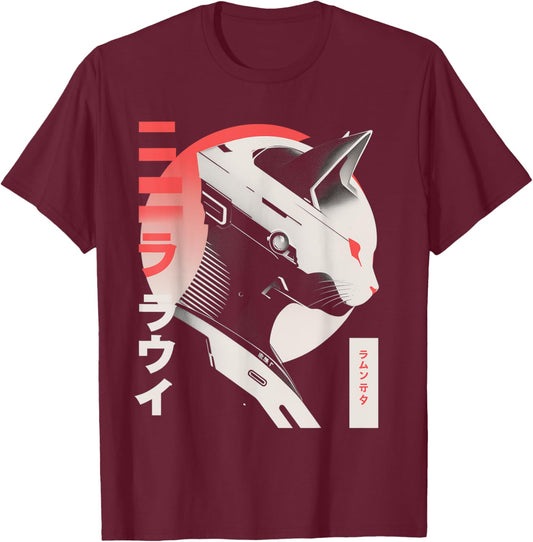 Japanisch Techwear Futuristic Cyberpunk Katze Techno Rave T-Shirt - T-Shirt | Maroon