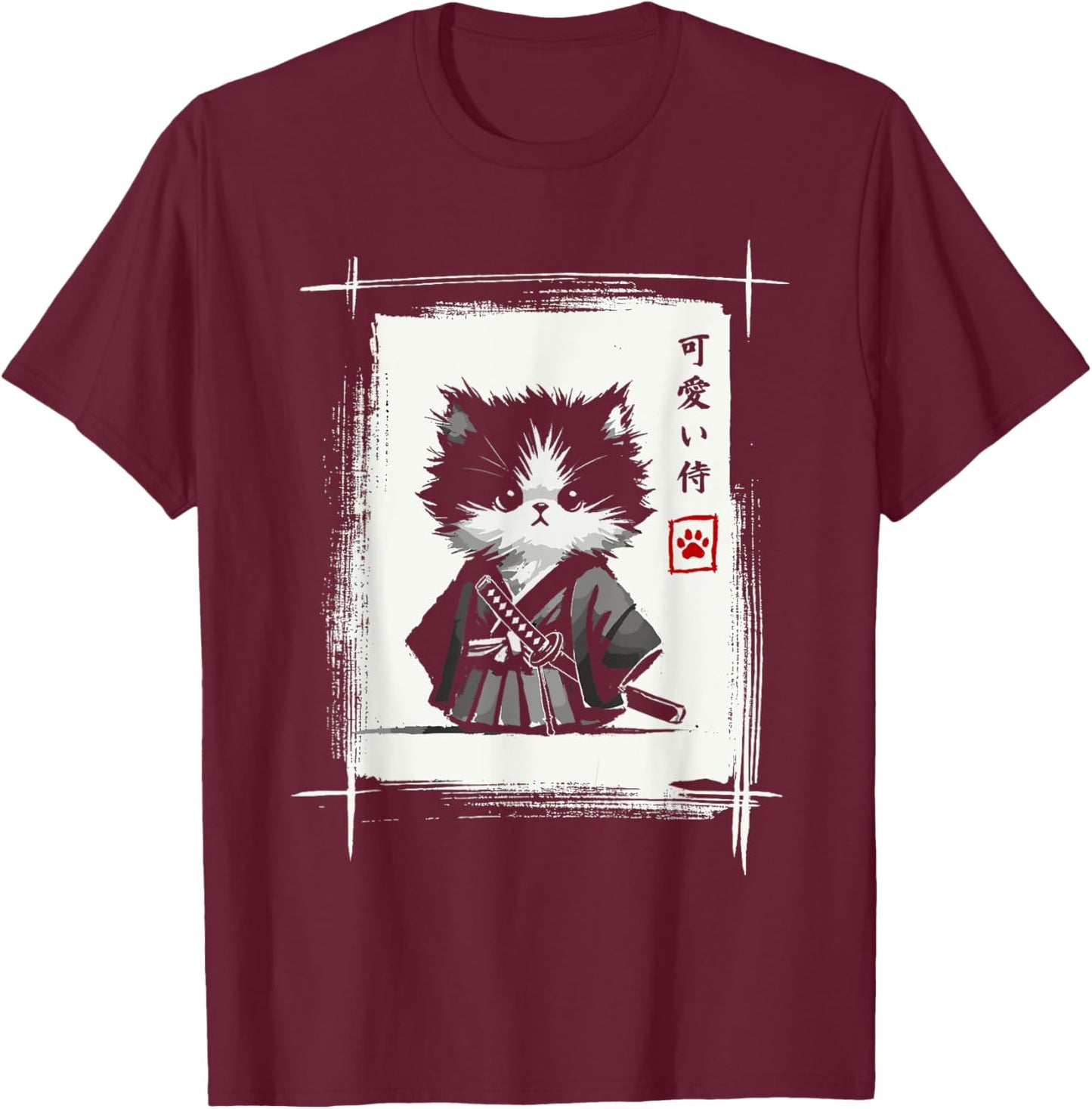 Samurai Cat Japanese Art Sumi-e Novelty Kawaii Funny Cat T-Shirt - T-Shirt | Maroon