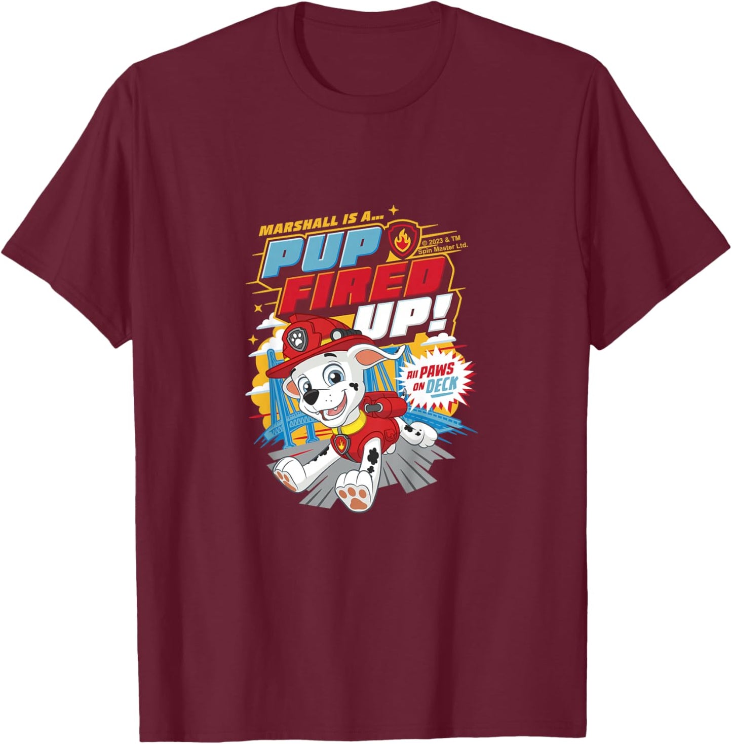 Kids PAW Patrol Marshall Is A Pup Fired Up All Paws On Deck T-Shirt - T-Shirt | Maroon
