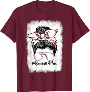 Baseball Mom Mama Messy Bun Baseball Player Son T-Shirt - T-Shirt | Maroon