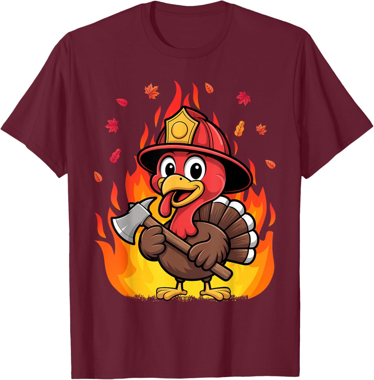 Thanksgiving Firefighter Turkey - Funny Feast Day T-Shirt - T-Shirt | Maroon
