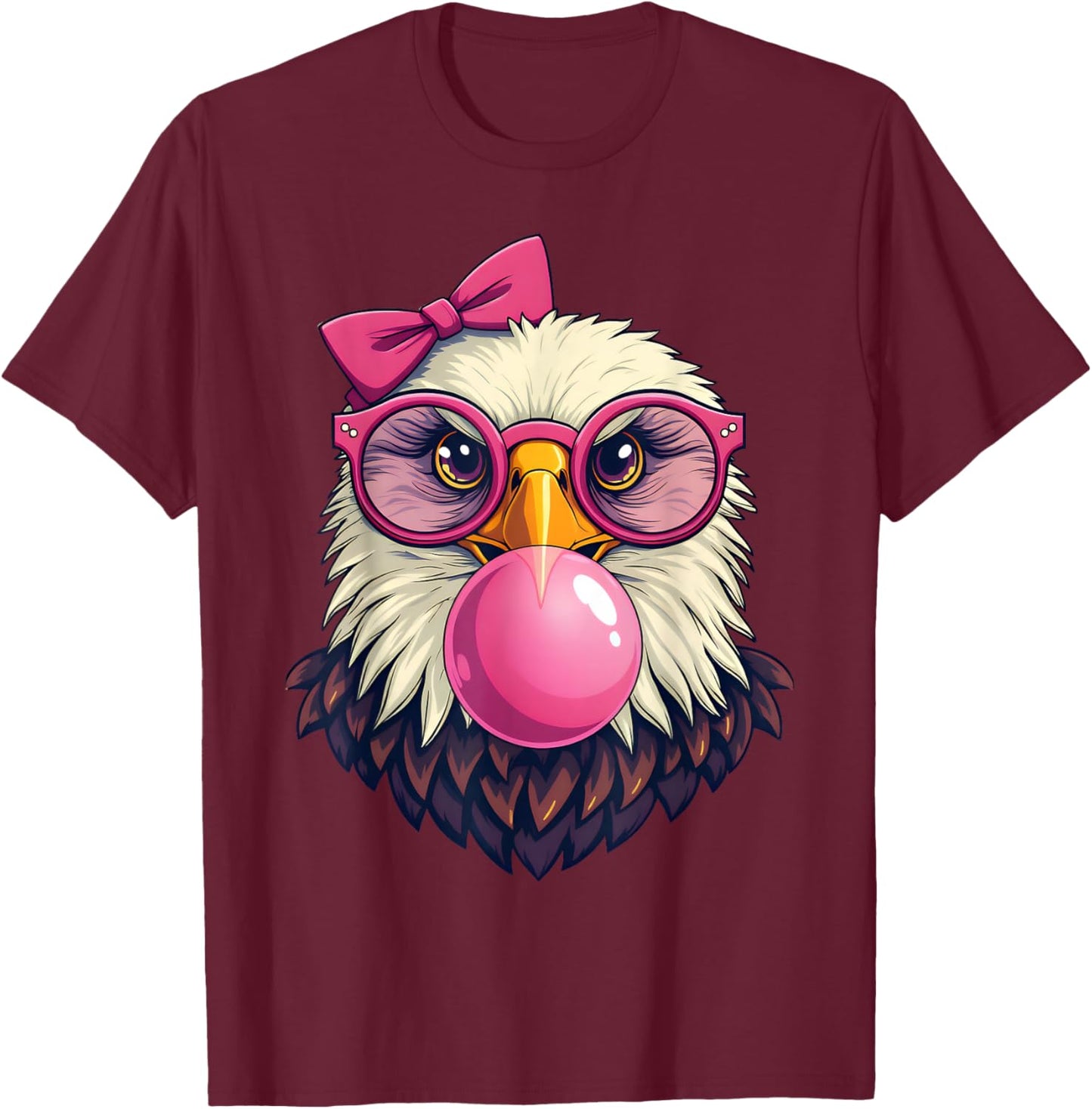Cute Girl Bald Eagle Glasses Pink Bow Bubble Gum Eagle Lover T-Shirt - T-Shirt | Maroon