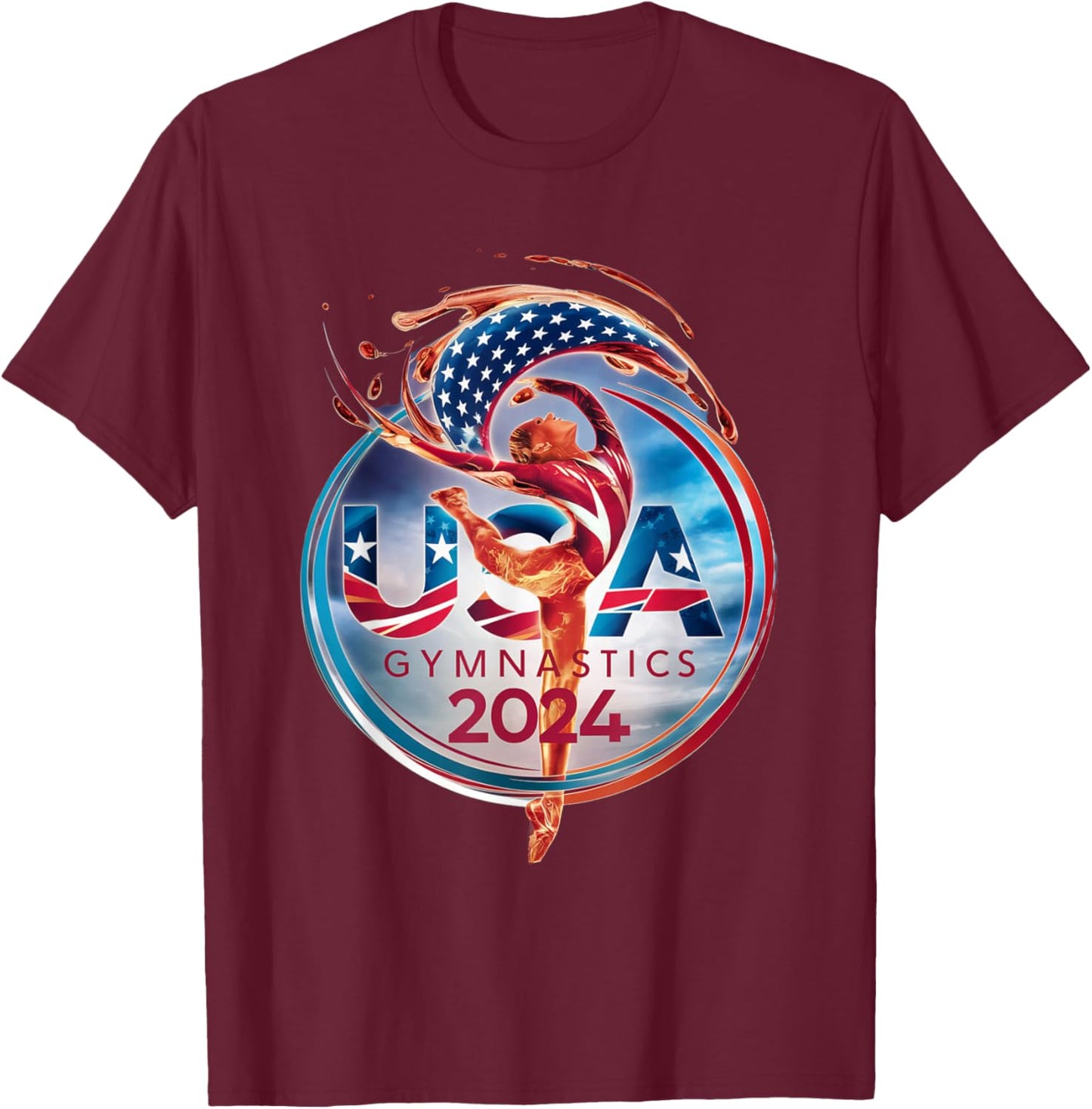 Vibrant Gymnastics 2024 Logo: Strength and Elegance USA T-Shirt - T-Shirt | Maroon