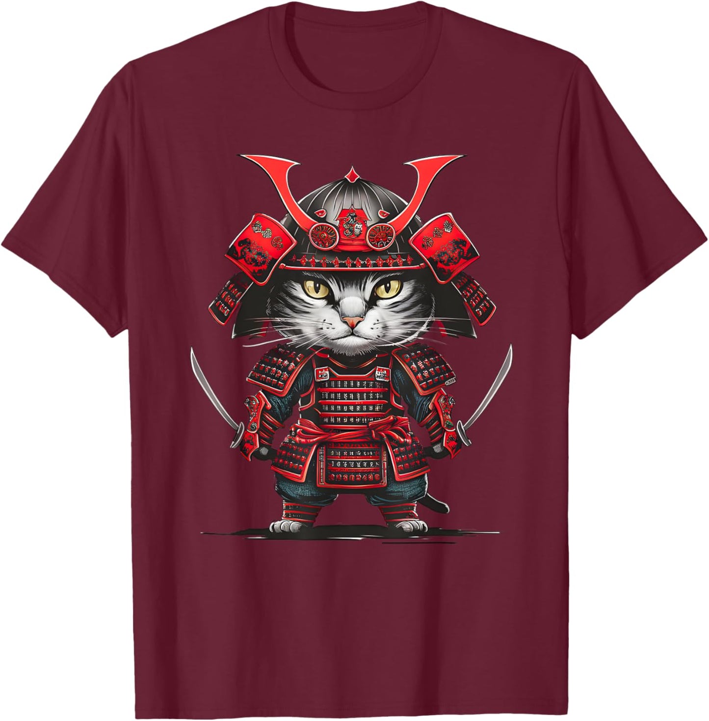 Traditional Japanese Samurai Cat Funny Parody Japanese Anime Men Women Girls Kids T-Shirt - T-Shirt | Maroon