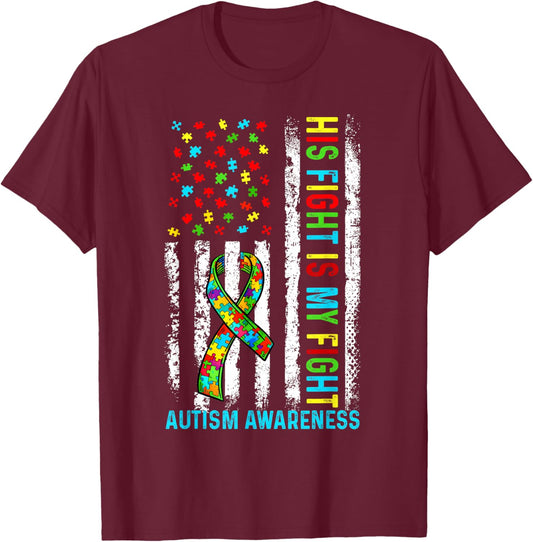 His Fight is My Fight Autism Awareness Support Ribbon Puzzel T-Shirt - T-Shirt | Maroon