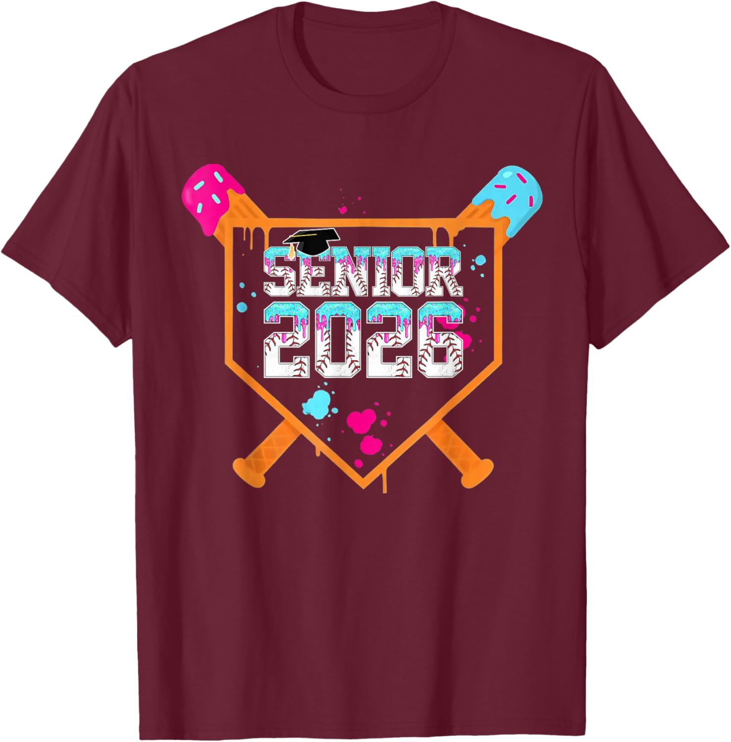 Class of 2026 Senior 2026 Graduation Baseball Ice Cream Drip T-Shirt - T-Shirt | Maroon