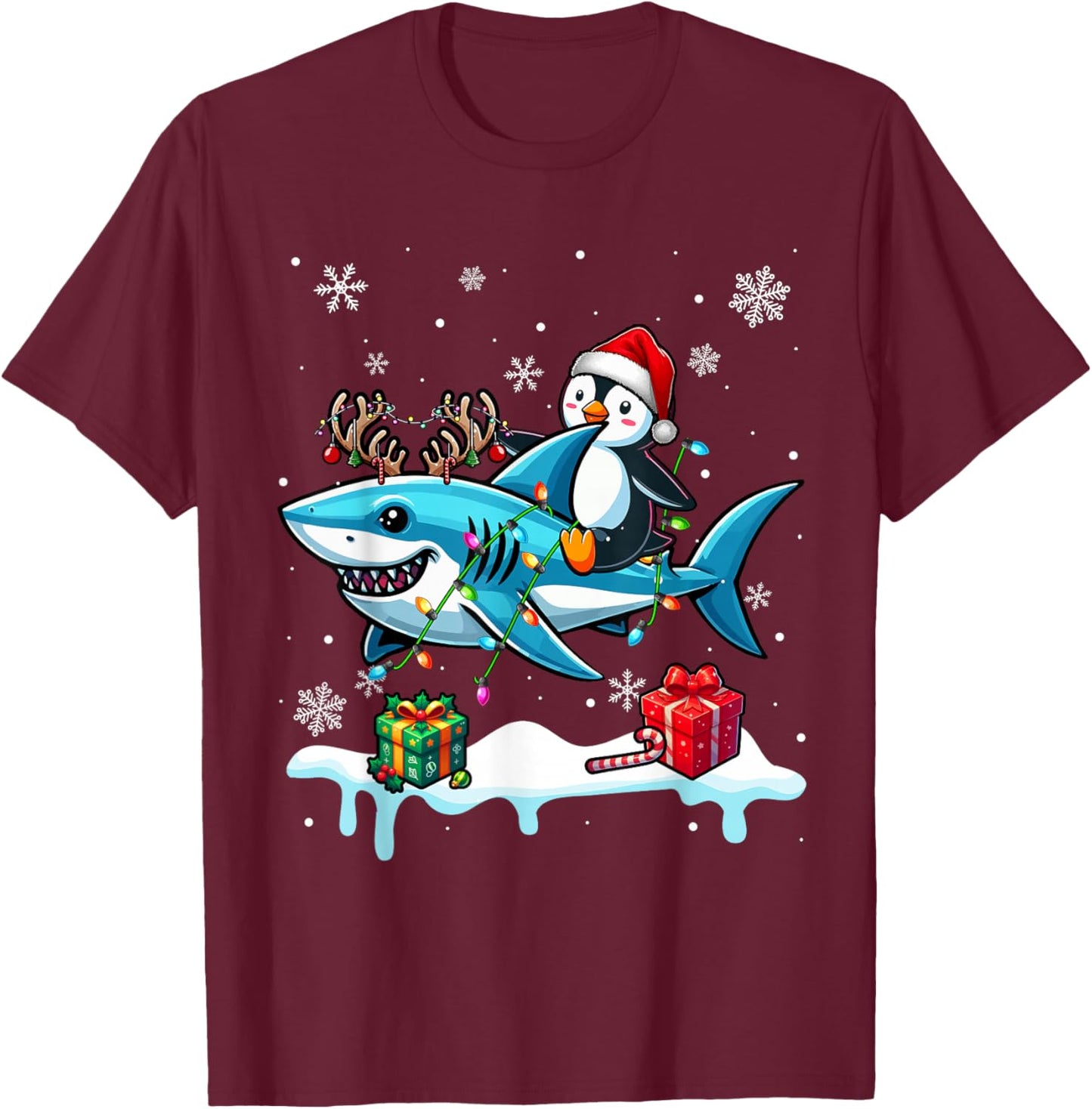 Christmas Santa Penguin Riding Reindeer Shark Lover Kids T-Shirt - T-Shirt | Maroon