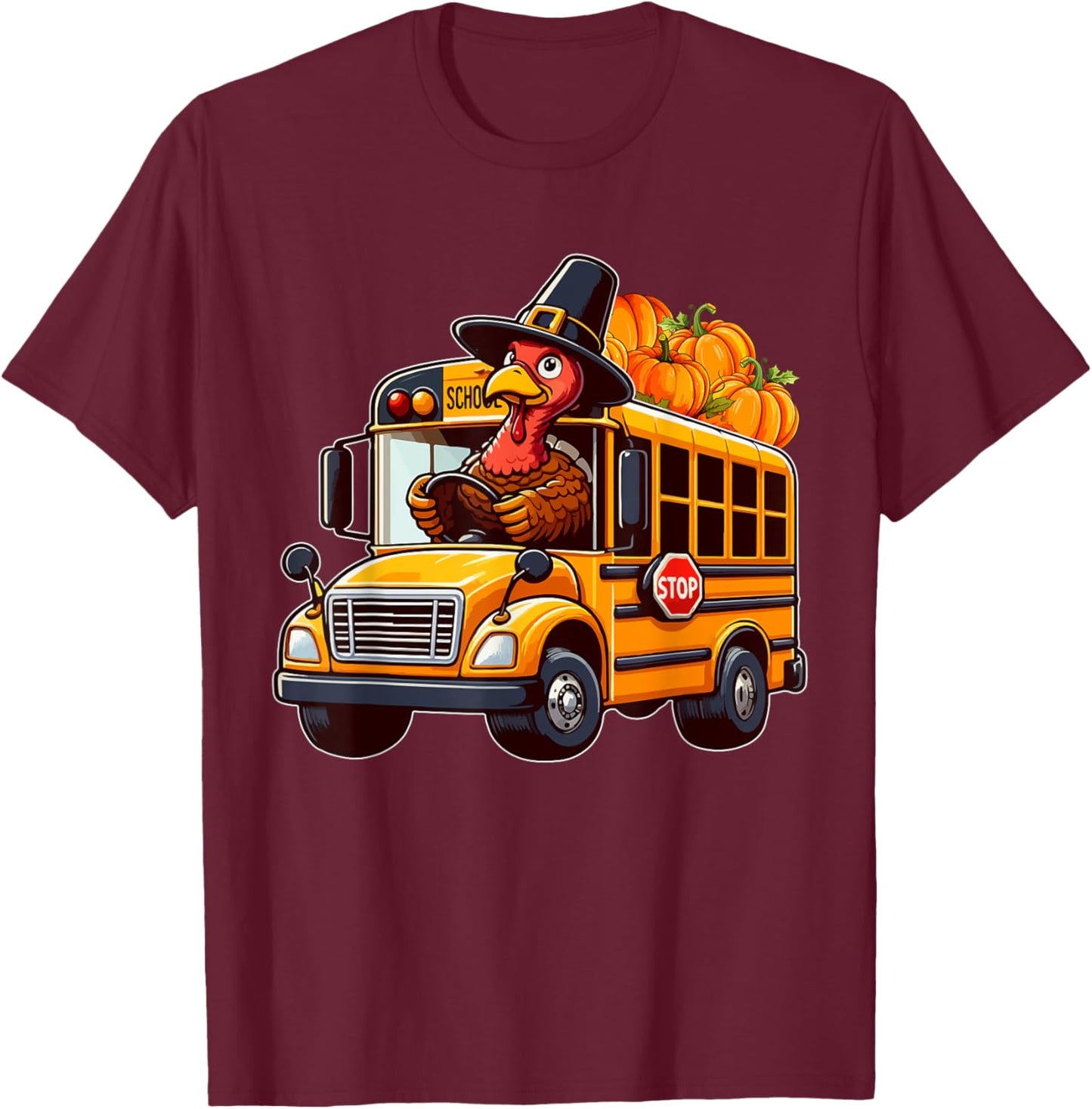 Turkey Driving School Bus Thanksgiving Driver Fall Pumpkins T-Shirt - T-Shirt | Maroon
