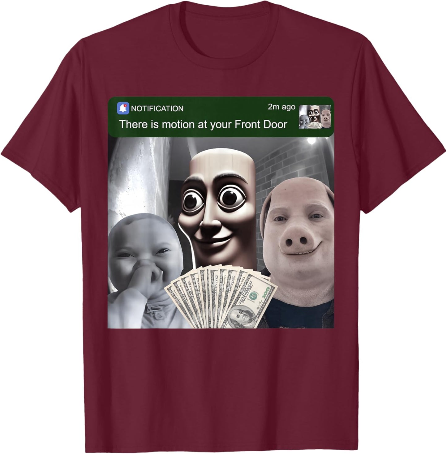 Motion at Your Front Door Tung Sahur John Pork Ai Baby Meme T-Shirt - T-Shirt | Maroon