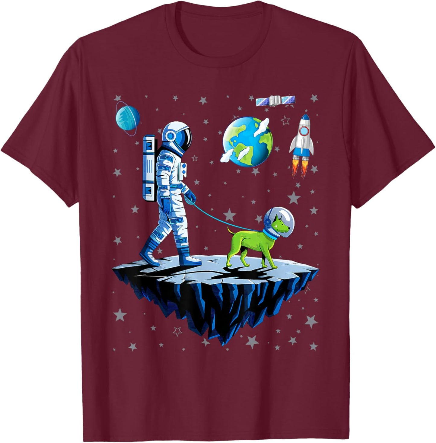 Space Astronaut Walking Alien Dog Planet T-Shirt - T-Shirt | Maroon