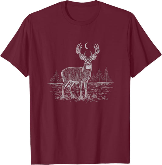 Whitetail Deer Nature Drawing Art Design T-Shirt - T-Shirt | Maroon