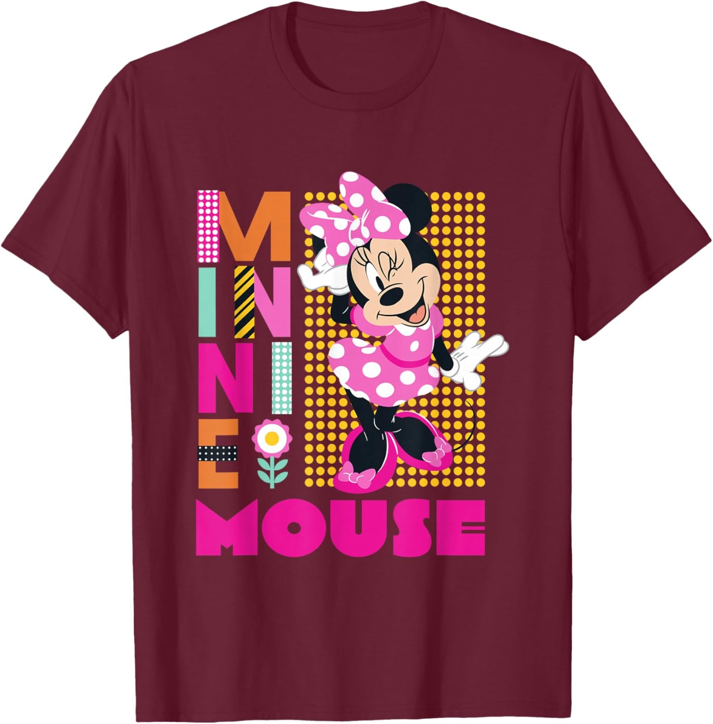 Disney Minnie Mouse Smiling Polka Dot Retro Logo Stack T-Shirt - T-Shirt | Maroon