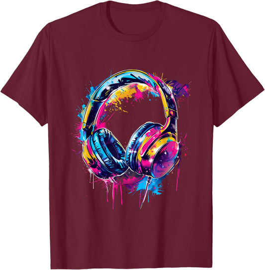Headphones Music DJ House Dance Club Music Headphones Splash T-Shirt - T-Shirt | Maroon