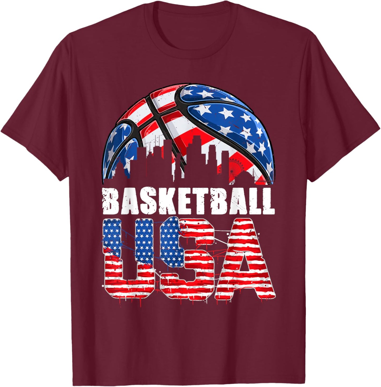 Funny Basketball Lovers Fans USA American Flag 4th Of July Women Kids Men T-Shirt - T-Shirt | Maroon