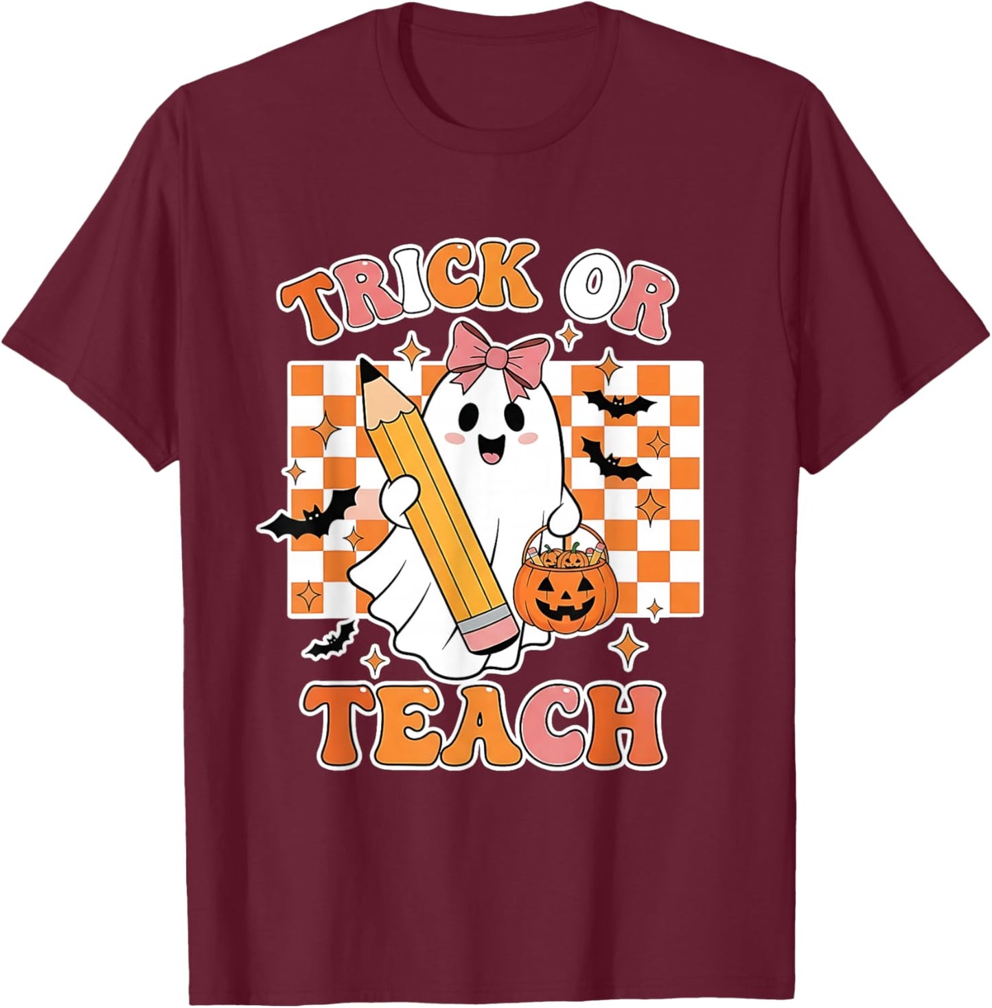 Vintage Teacher Shirt Women Funny Trick Or Teach Halloween T-Shirt - T-Shirt | Maroon