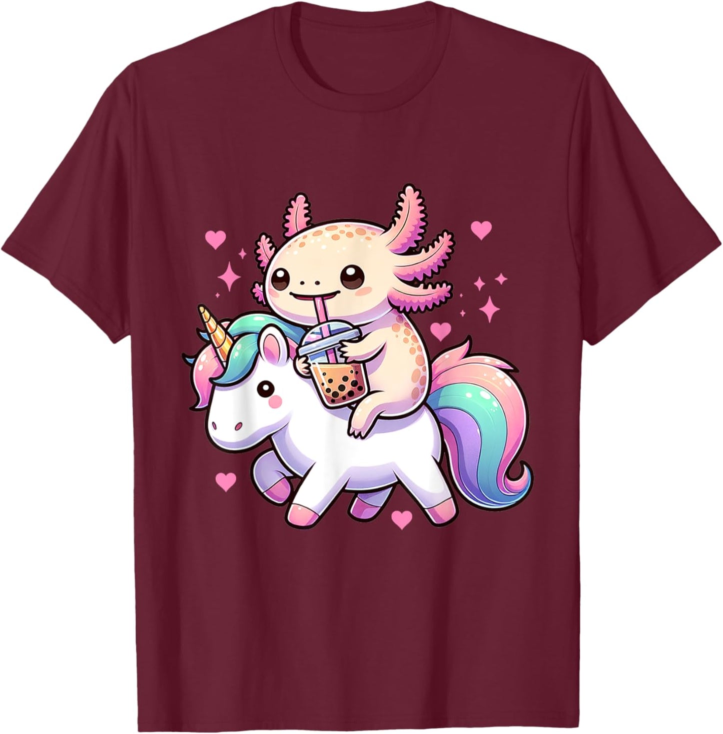 Cute Anime Kawaii Axolotl Riding A Unicorn And Drinking Boba T-Shirt - T-Shirt | Maroon