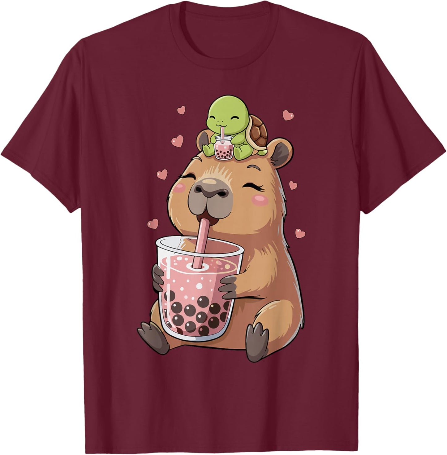 Capybara & Bubble Tea Girls' Turtle T-Shirt - T-Shirt | Maroon