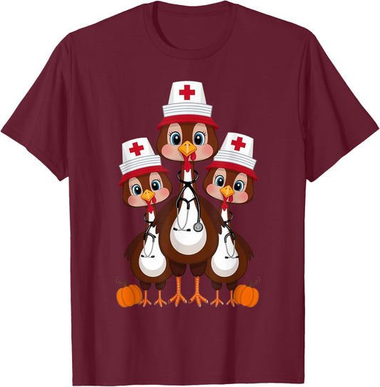 Thanksgiving Scrub Tops Women Turkey Nurse Holiday Nursing T-Shirt - T-Shirt | Maroon