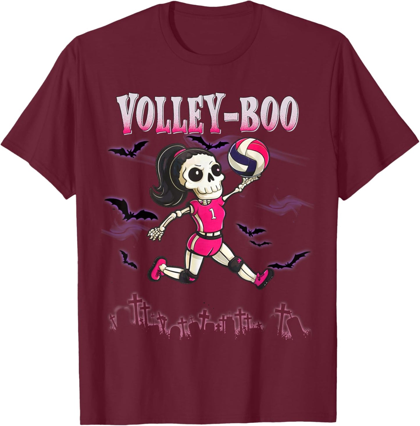 Volleyball Teen Halloween Skeleton Girl October Volley-Boo T-Shirt - T-Shirt | Maroon