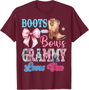 Boots or Bows Grammy Loves You Gender Reveal Party T-Shirt - T-Shirt | Maroon