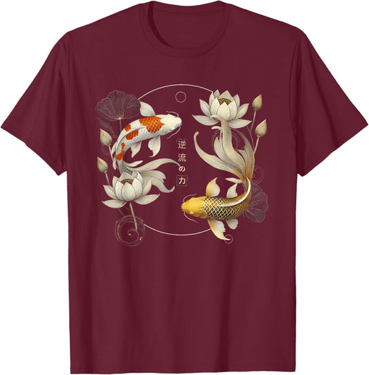 Koi Fish Carp Fish Lotus Flowers Japanese Sakura Koi T-Shirt - T-Shirt | Maroon