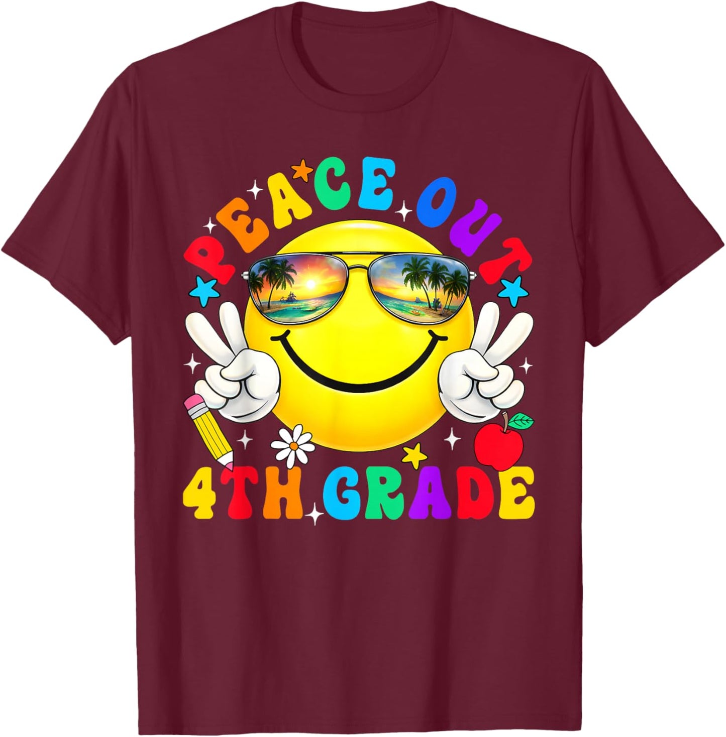 Peace Out Fourth Grade Last Day of School Groovy Smile Face T-Shirt - T-Shirt | Maroon