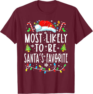 Most Likely To Be Santa's Favorite Matching Christmas Lights T-Shirt - T-Shirt | Maroon