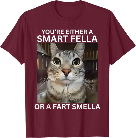 You're Either A Smart Fella Or A Fart Smella Meme Cat Meme T-Shirt - T-Shirt | Maroon