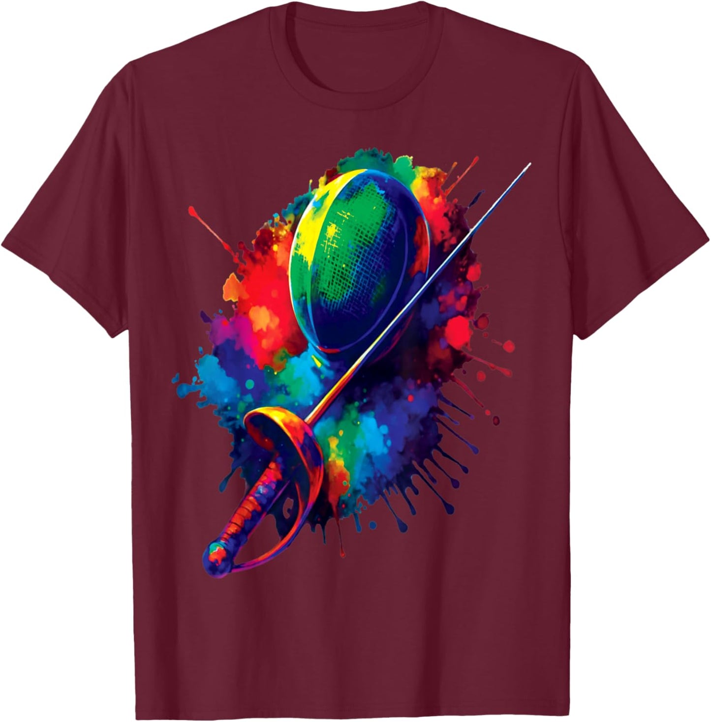 Fencing Splash Art - Fencing Sport Colorful Mask and Sword T-Shirt - T-Shirt | Maroon