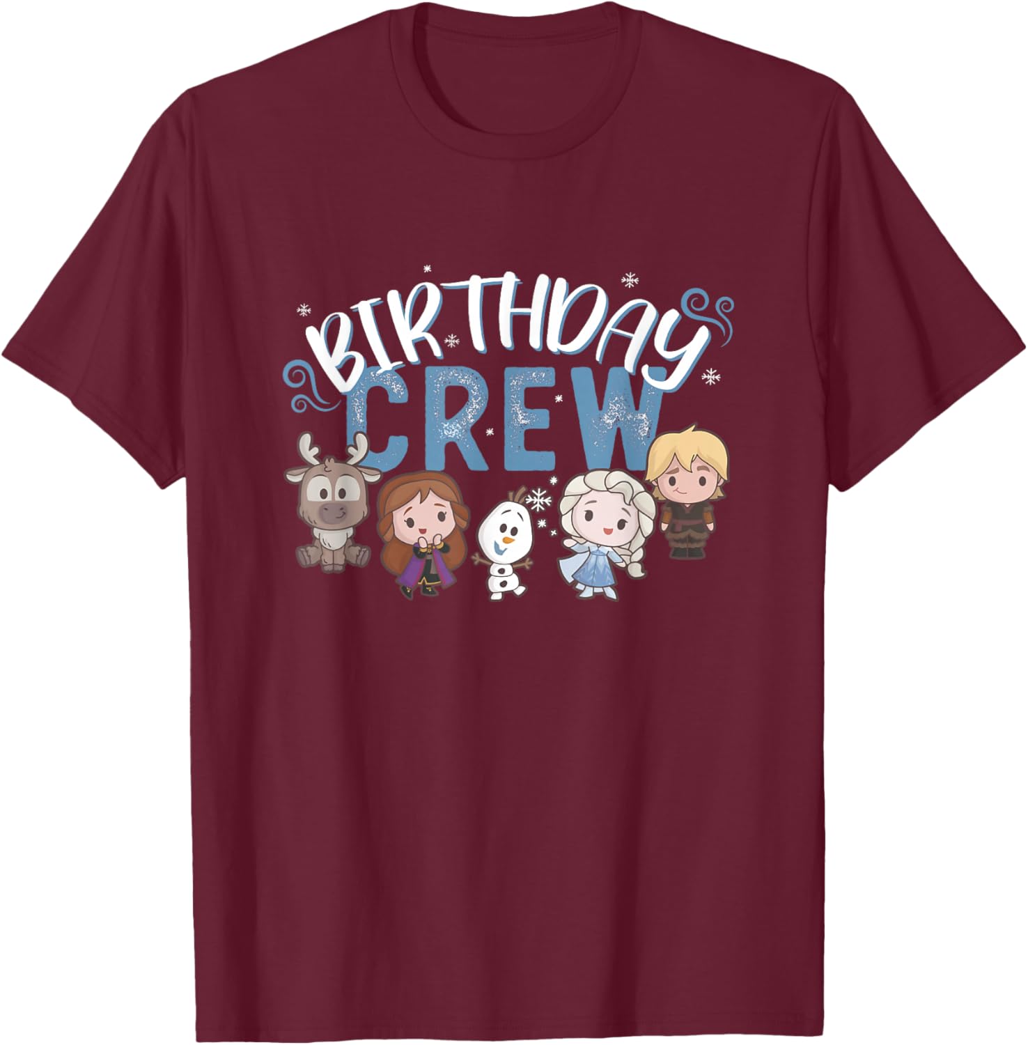 Disney Frozen Birthday Crew Cute Chibi Group Shot Big Logo T-Shirt - T-Shirt | Maroon