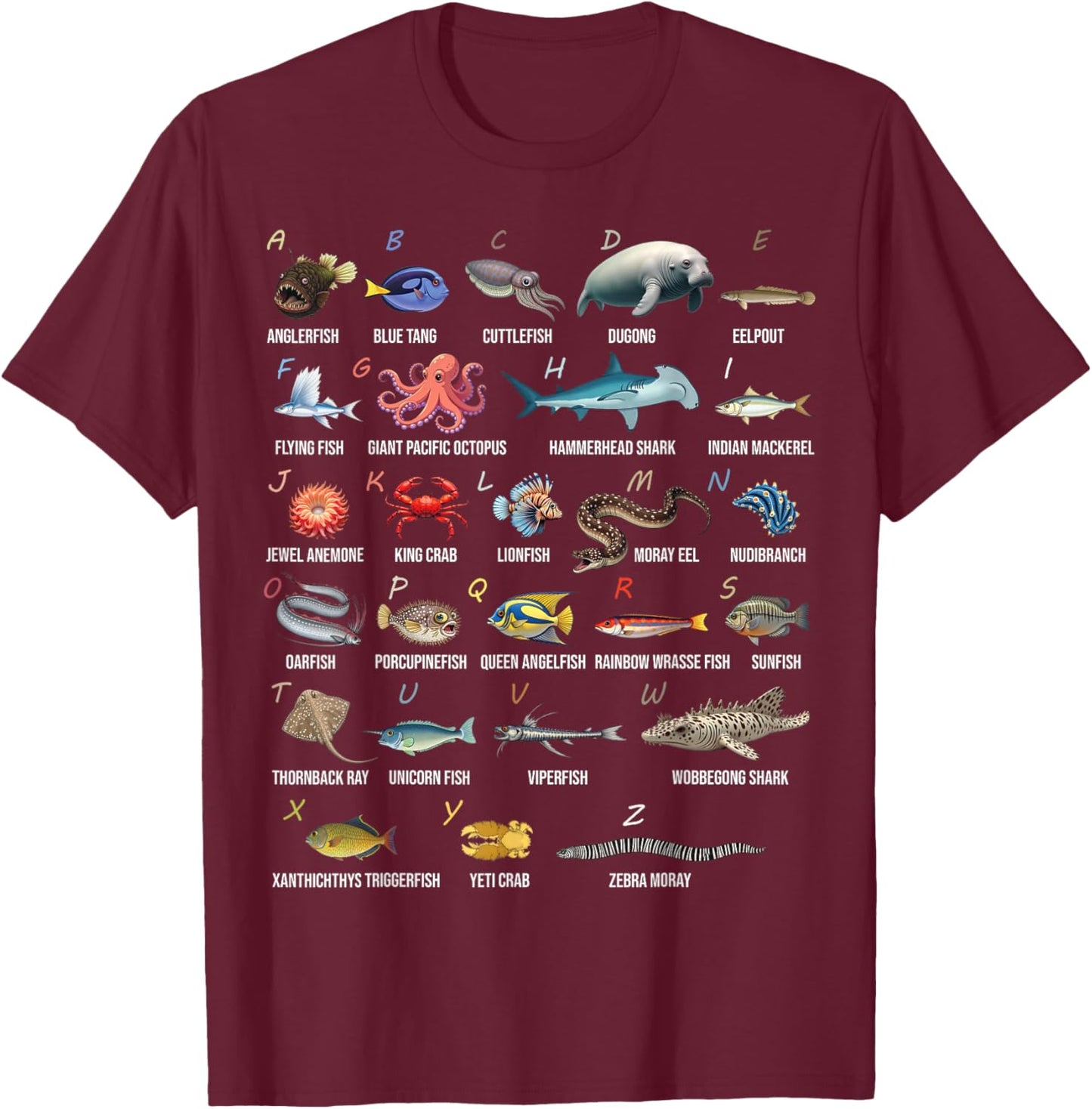 A-Z Ocean Life Alphabet Marine Creatures Exploration T-Shirt - T-Shirt | Maroon