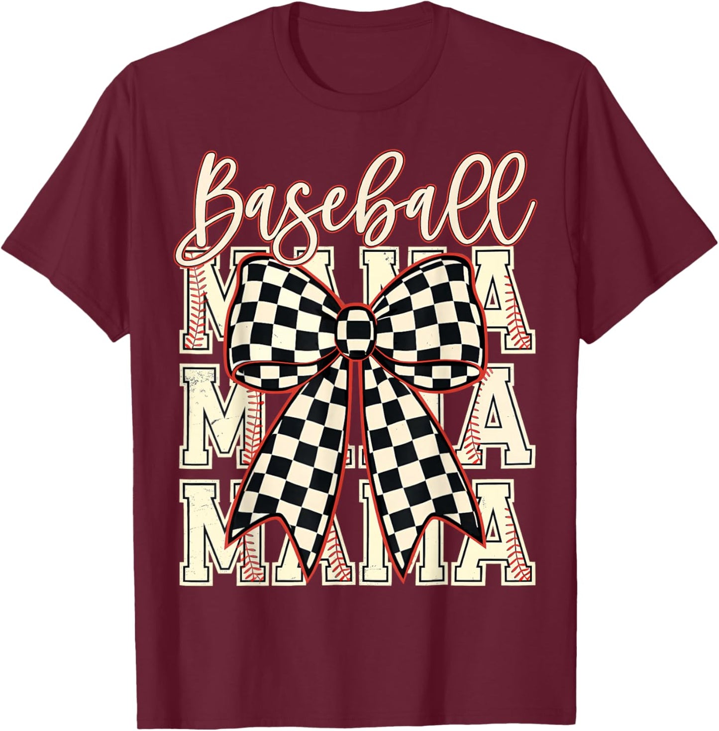 Checkered Coquette Baseball Mama Women Baseball Mom Gifts T-Shirt - T-Shirt | Maroon