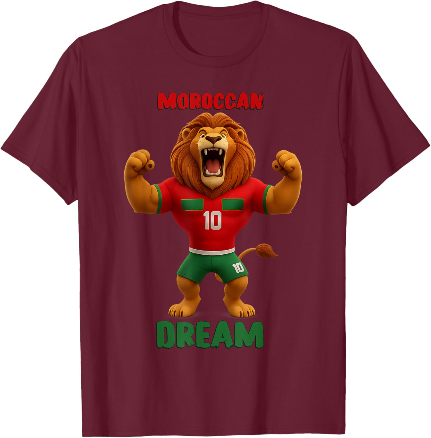 Lion Morocco Football Number 10 Pride Moroccan T-Shirt - T-Shirt | Maroon