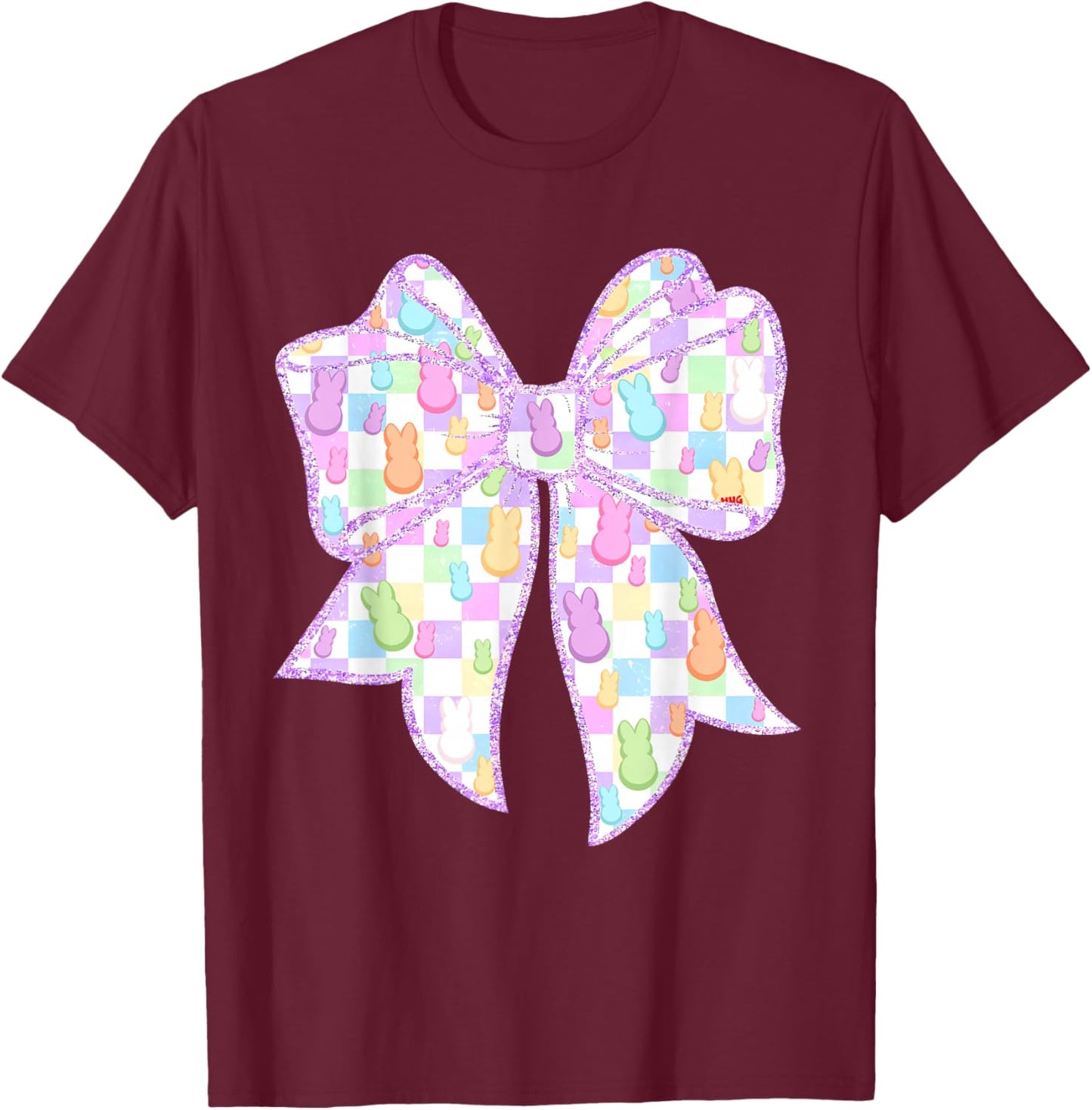 Funny Bunny Coquette Bow Rabbit Eggs Happy Easter Checkered T-Shirt - T-Shirt | Maroon