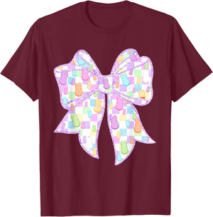 Funny Bunny Coquette Bow Rabbit Eggs Happy Easter Checkered T-Shirt - T-Shirt | Maroon