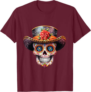 Sugar Skull Black White Image Day Dead Dios De Los Muertos T-Shirt - T-Shirt | Maroon