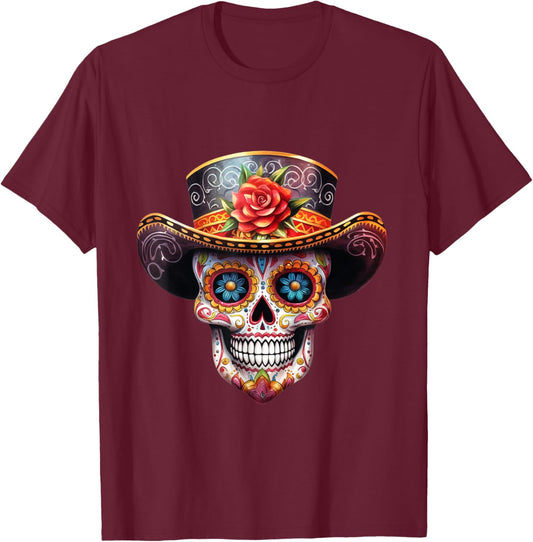 Sugar Skull Black White Image Day Dead Dios De Los Muertos T-Shirt - T-Shirt | Maroon