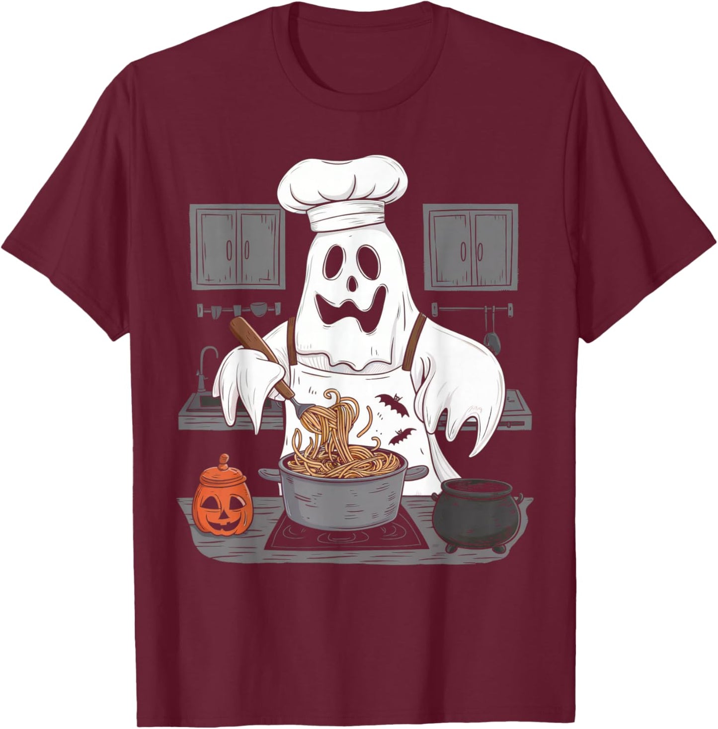 Ghost Cooking Halloween Chef Kitchen Restaurant Staff Crew T-Shirt - T-Shirt | Maroon
