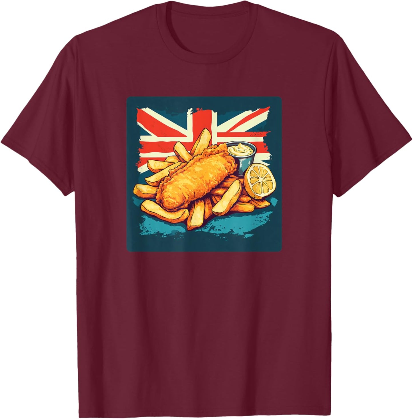 Kawaii Motto Designs Fish and Chips Lover Classic British Food T-Shirt - T-Shirt | Maroon