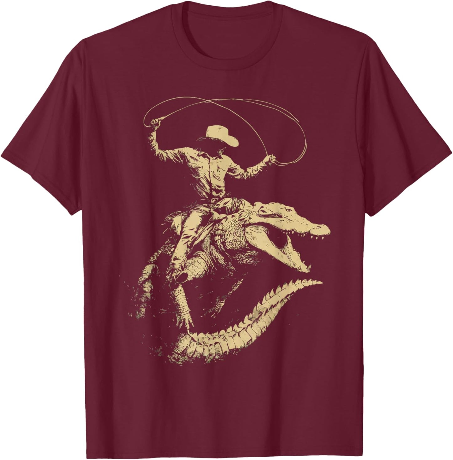 Cowboy with Lasso Riding Crocodile Western Animal Rodeo T-Shirt - T-Shirt | Maroon