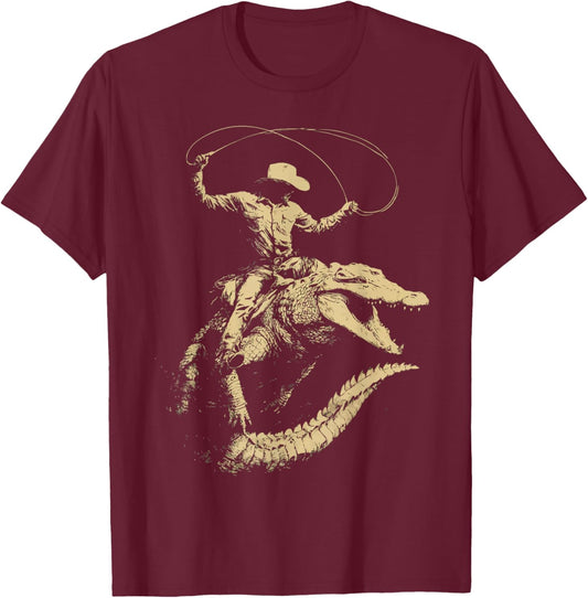 Cowboy with Lasso Riding Crocodile Western Animal Rodeo T-Shirt - T-Shirt | Maroon