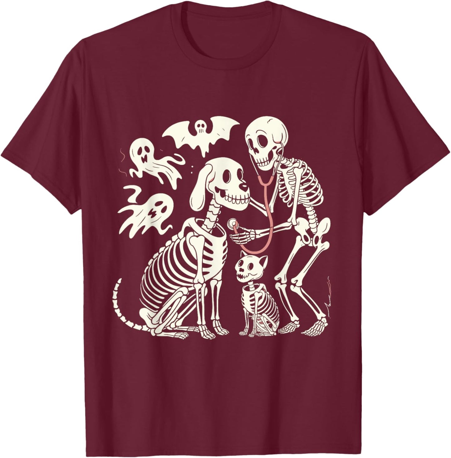 Funny Skeleton Veterinarian Animal Lovers Spooky Halloween T-Shirt - T-Shirt | Maroon