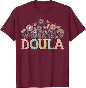 Doula Retro Wildflower Midwife Baby Catcher Home Birth Doula T-Shirt - T-Shirt | Maroon