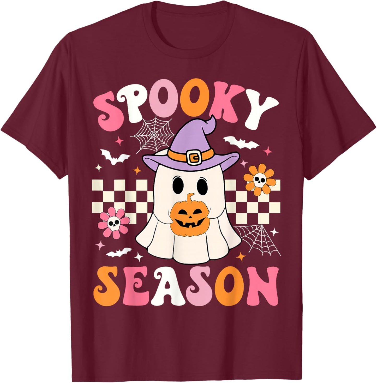 Spooky Season Ghost Holding Pumpkin Groovy Halloween Ghost T-Shirt - T-Shirt | Maroon