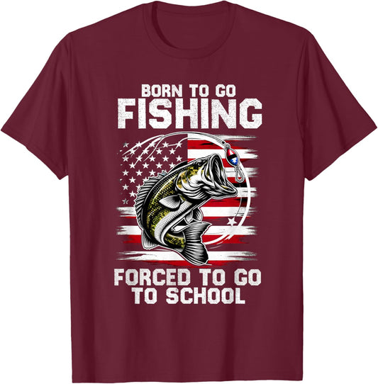 Born To Go Fishing Forced School Funny Fishing Kids Boys T-Shirt - T-Shirt | Maroon