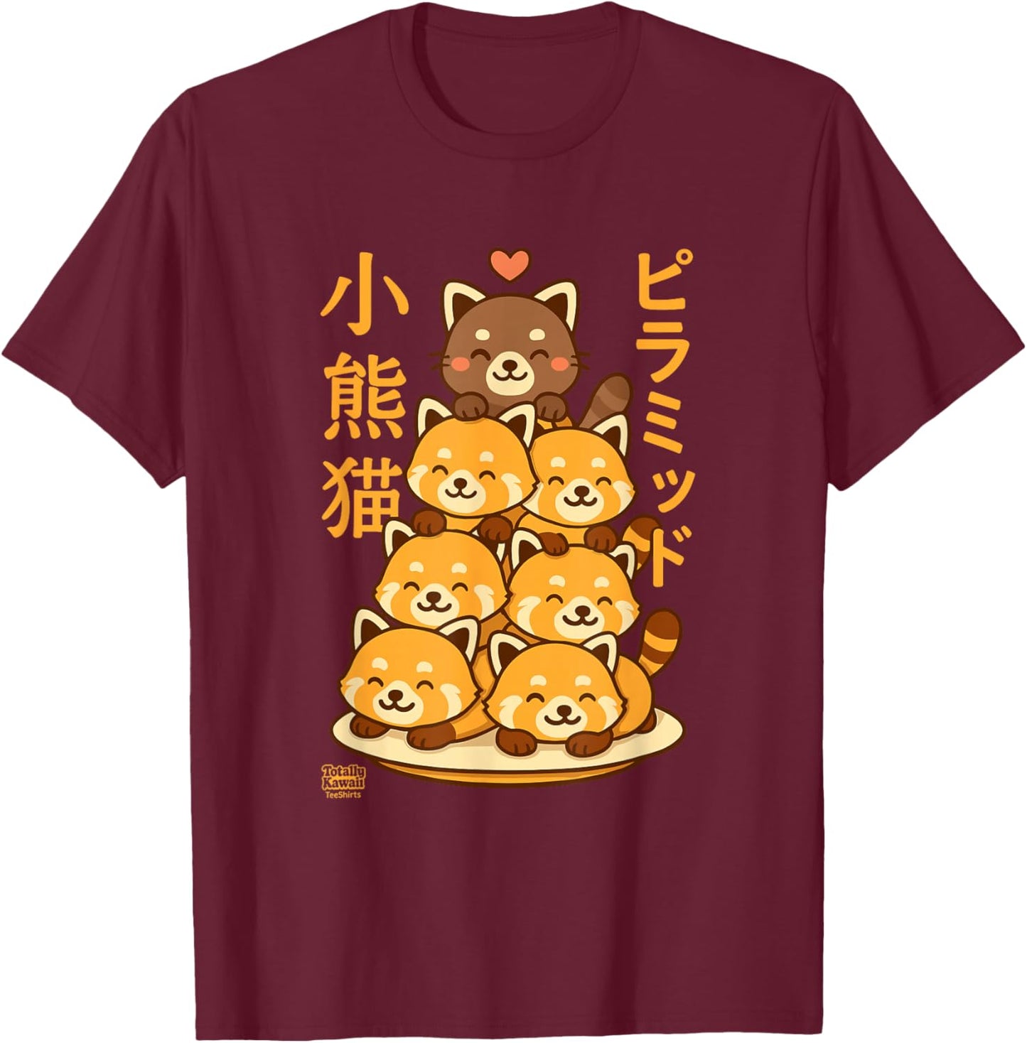 Kawaii Red Panda Pyramid Anime Japanese Letters Cute T-Shirt - T-Shirt | Maroon