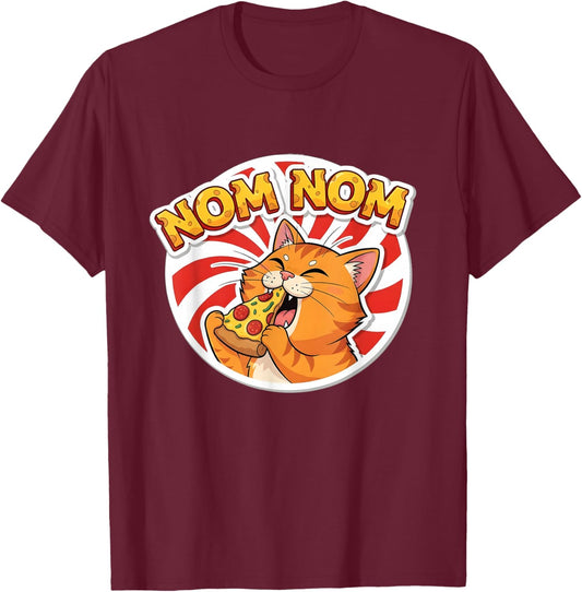 Funny Cat Eating Pizza Nom Nom Meme Women Girls Kids T-Shirt - T-Shirt | Maroon
